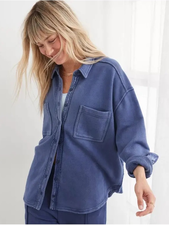 Aerie Lumber Jane Fleece Washed Blue Navy Button Down Shirt Size Medium